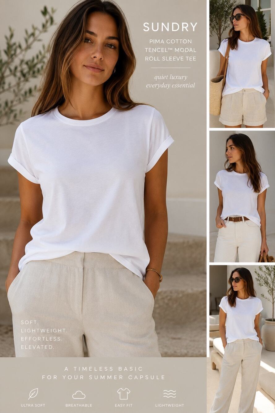 NWT Sundry White Pima TENCEL Modal Roll Sleeve Tee Soft Quiet Luxury Essential S